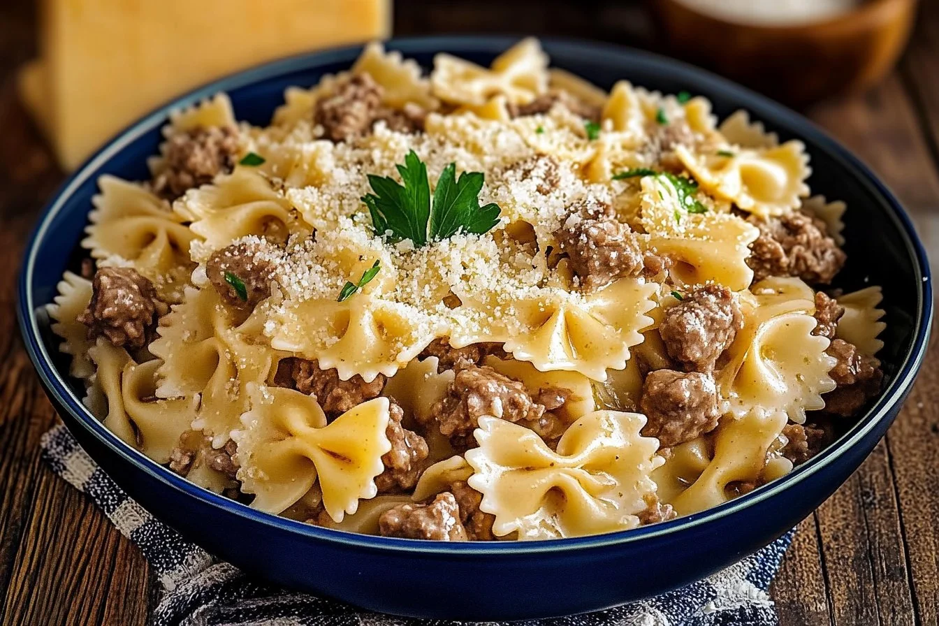 Creamy Parmesan Garlic Beef Bowtie Pasta