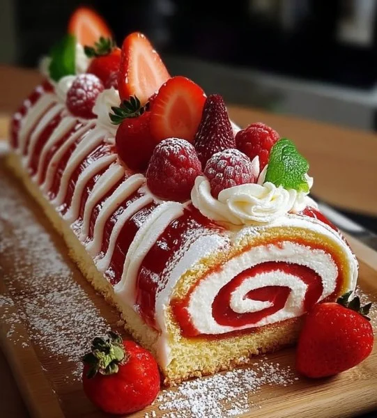 Strawberry and Whipped Cream Yule Log