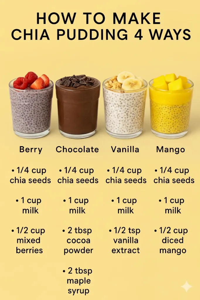 How to Make Chia Pudding 4 Ways – Berry, Chocolate, Vanilla & Mango